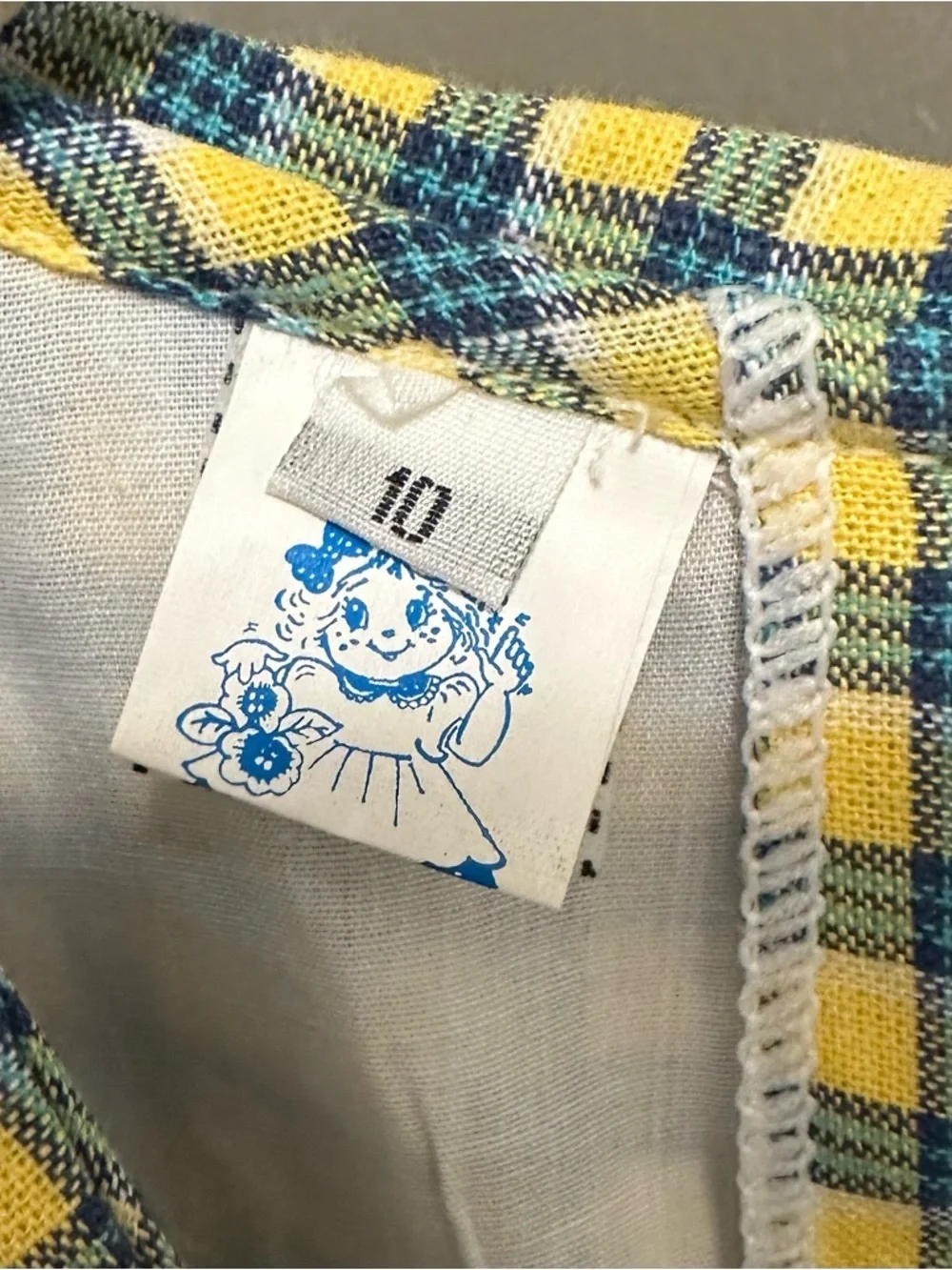 Vintage Narci Stell Colombia Gingham Prairie Dress Headband Girls 10 Blue Yellow